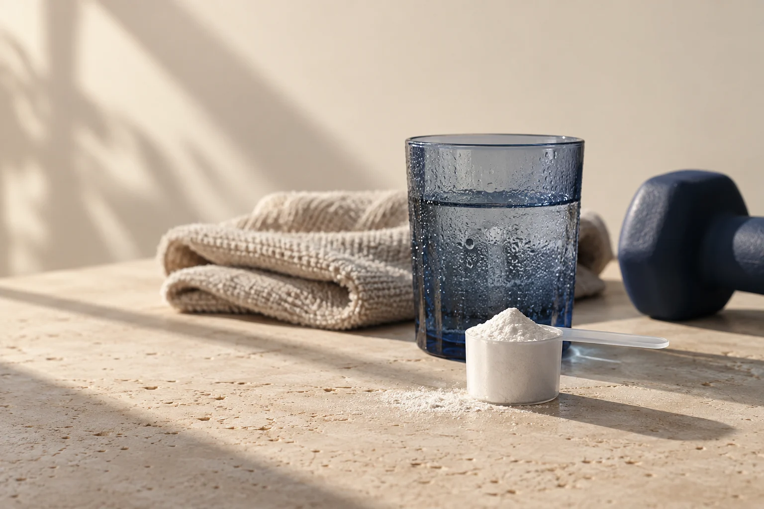 Creatina en polvo junto a un vaso de agua y accesorios de entrenamiento; imagen editorial